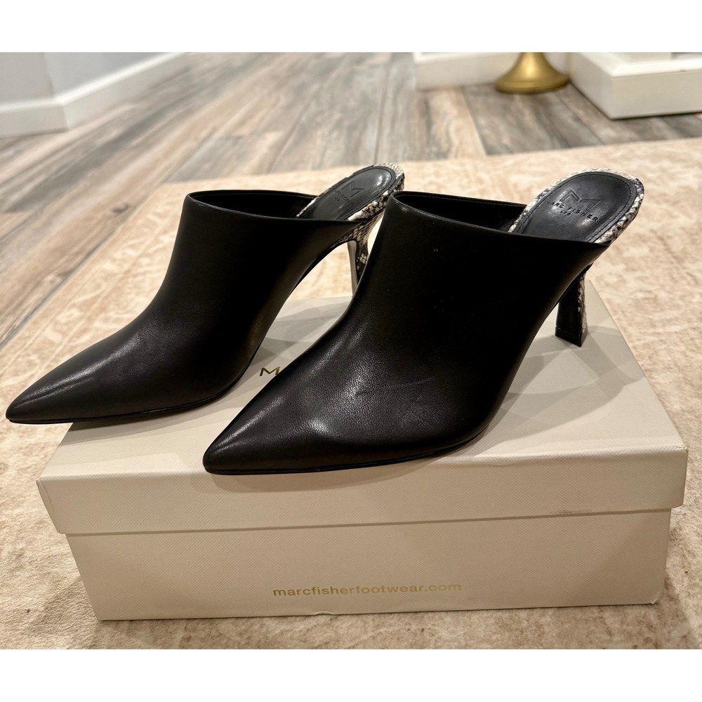 Marc Fisher Paisley Black Leather Snakeskin Heel Pointed Toe Mules Size 8.5M